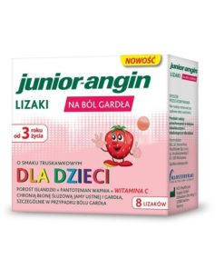 Junior-angin, lizaki dla dzieci od 3 roku życia, smak truskawkowy, 8 sztuk