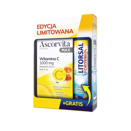 Ascorvita Max Zestaw witamina C 1000mg, 30 tabl. + Litorsal Forte mango-marakuja, 20 tabl